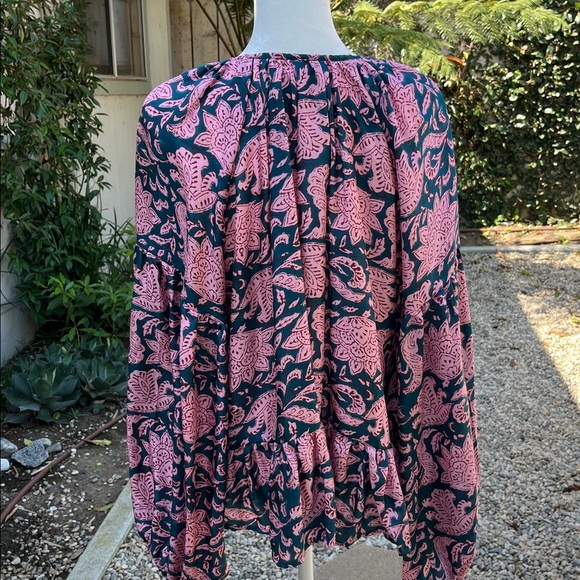 Hannah Artwear 100%Silk  Designer Teal and Pink Patterned Flowy Top - Picture 9 of 11